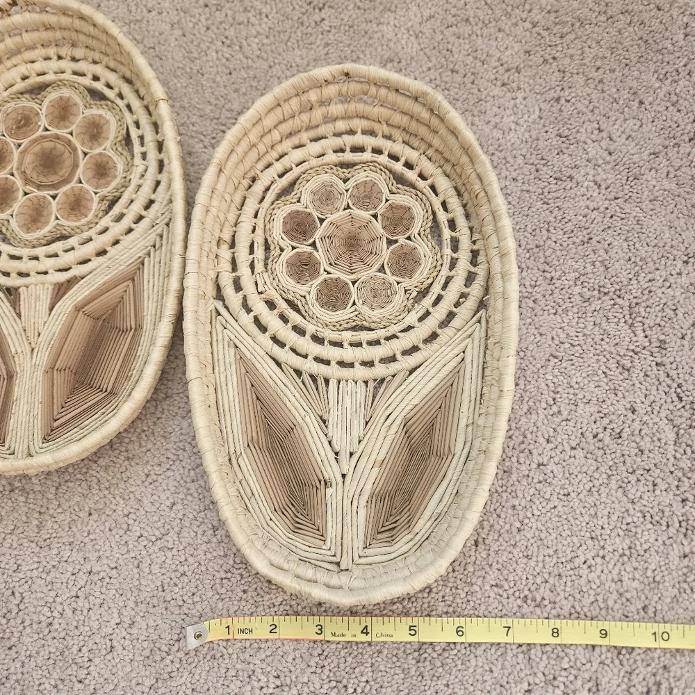 2 Handwoven Daisy Flower Vintage Wicker Rattan Nesting Bread Baskets Boho Folk